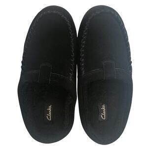 Clarks black clog slippers men's suede braid edge. Fuzzy lined. Men's sz 10